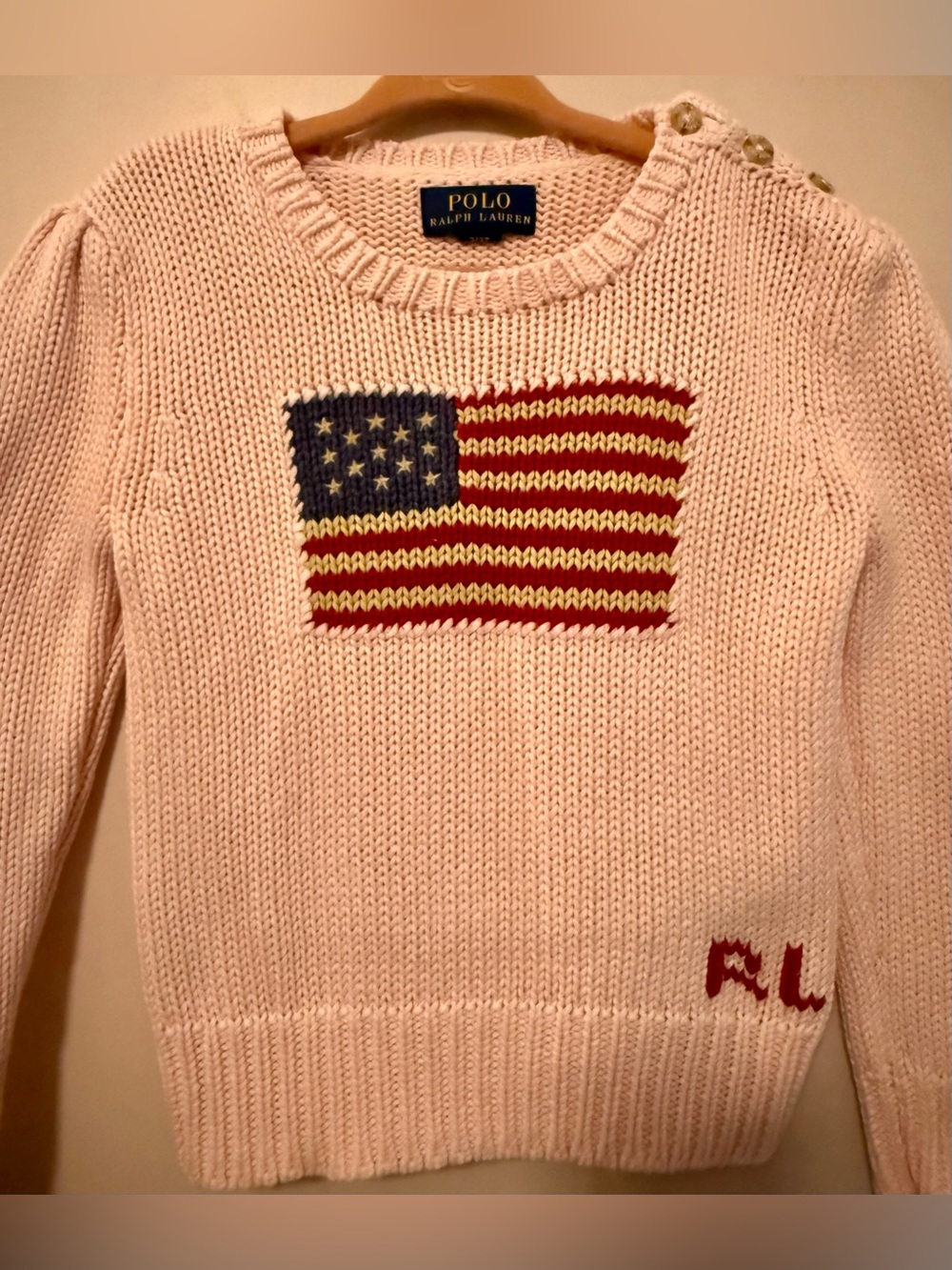 Ralph Lauren Pink Crewneck Knit Sweater with Flag Intarsia